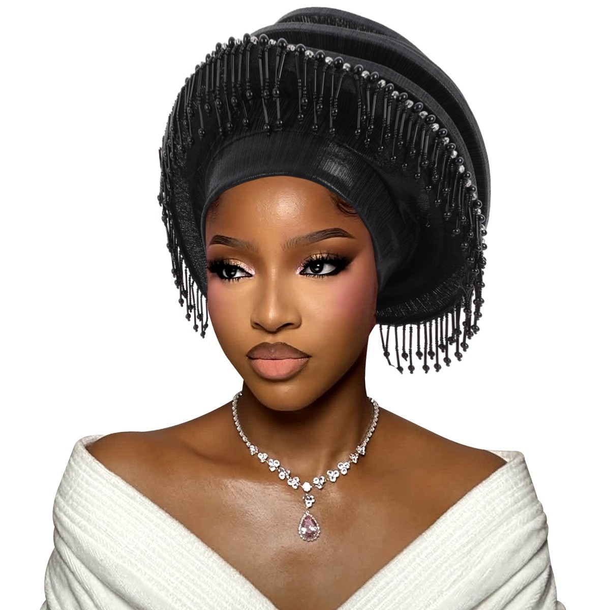 African Auto Gele Headtie for Women Tassels Lady Turban Headpiece Wrap Headwear