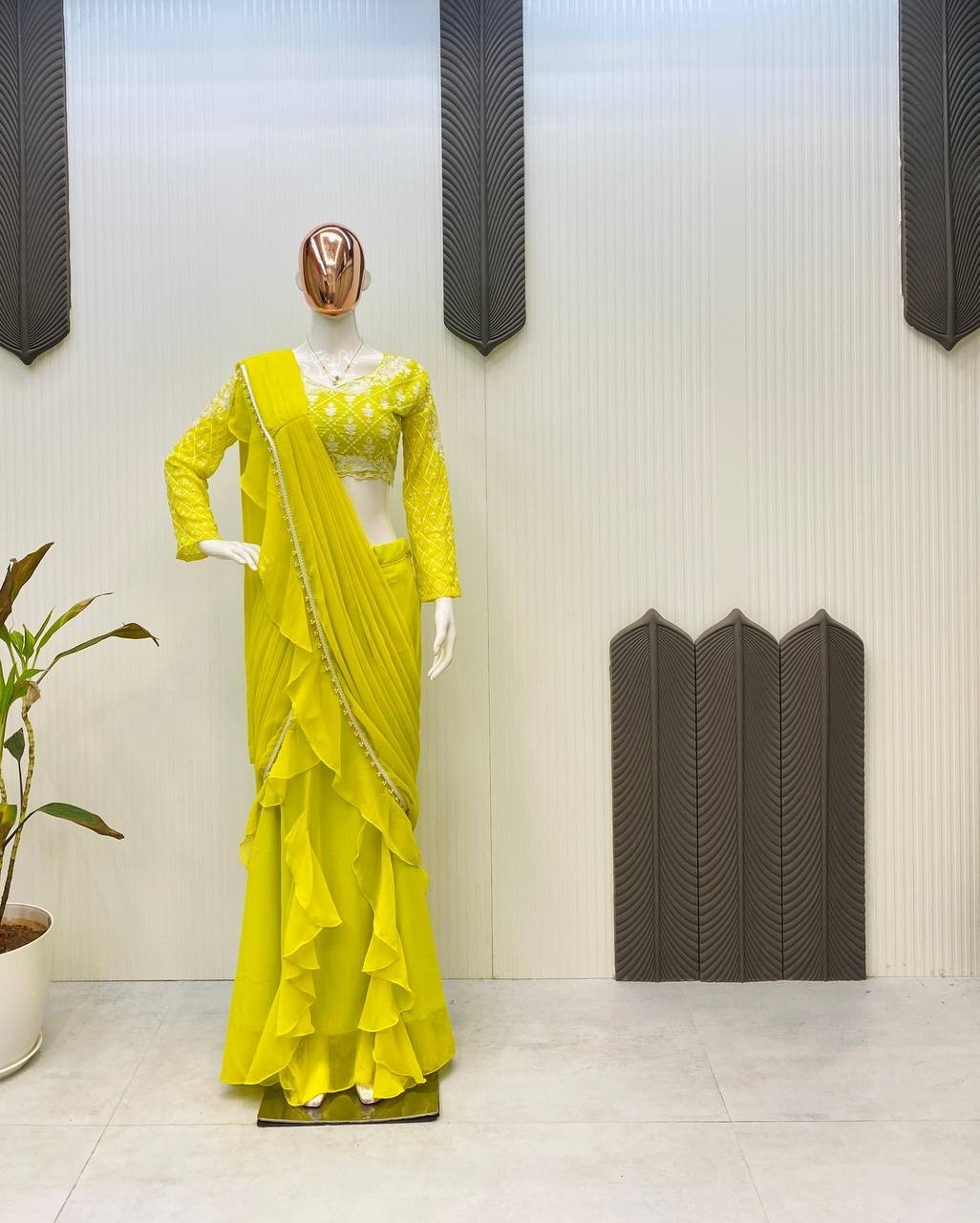 NEW READY TO WEAR RUFFLES SAREE WITH LONG SLEEVES BLOUSE IN LEMON YELLOW COLOR