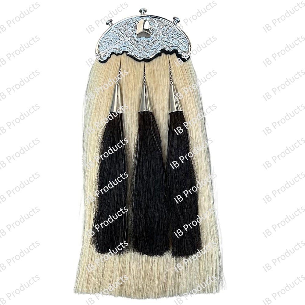 White Horse Hair Sporran 100% Original 3 Tassels Bagpiper Kilt with Chain Belt