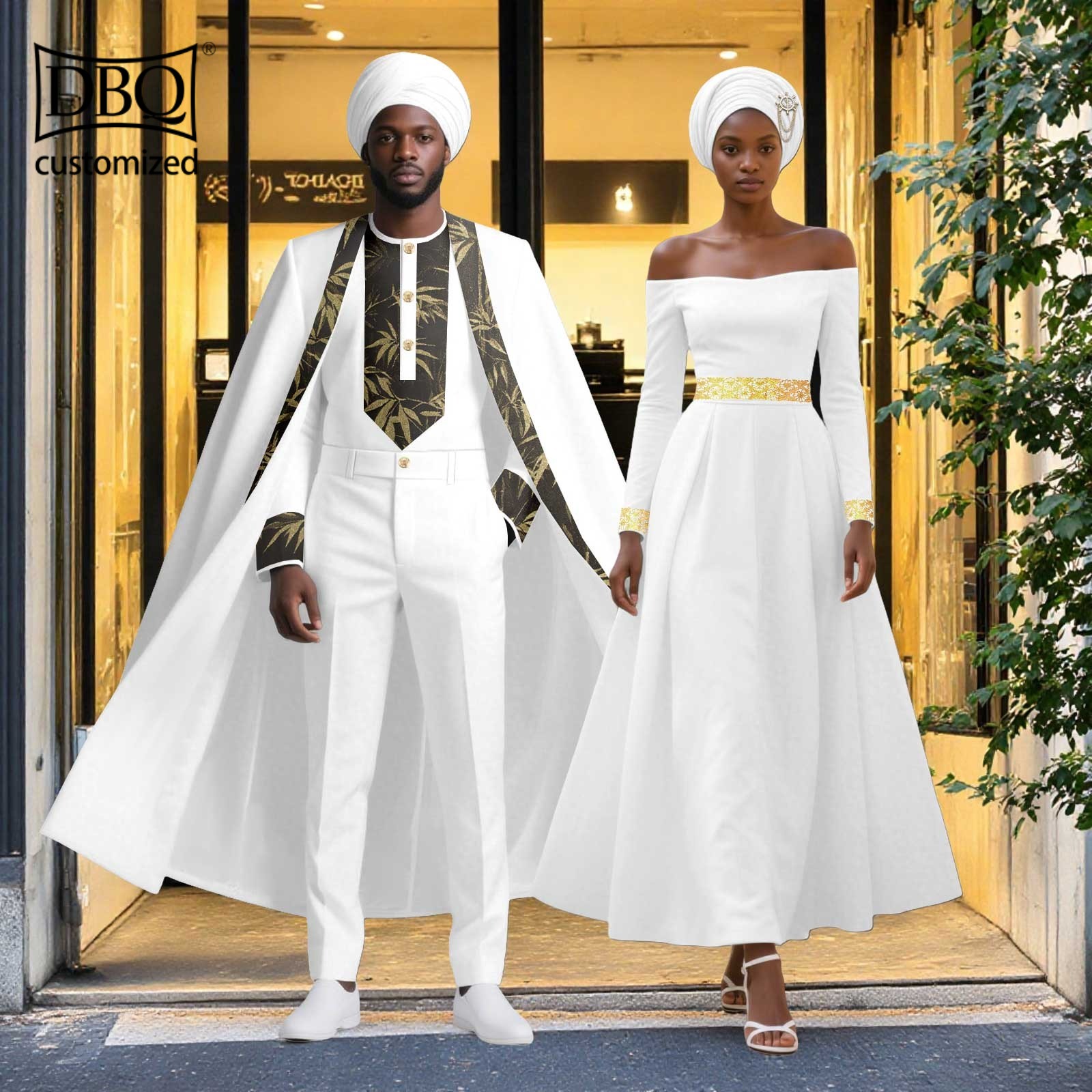 African Couple Clothes Men Long Cloak+Jacket Pants Set Women Dress with Headwrap