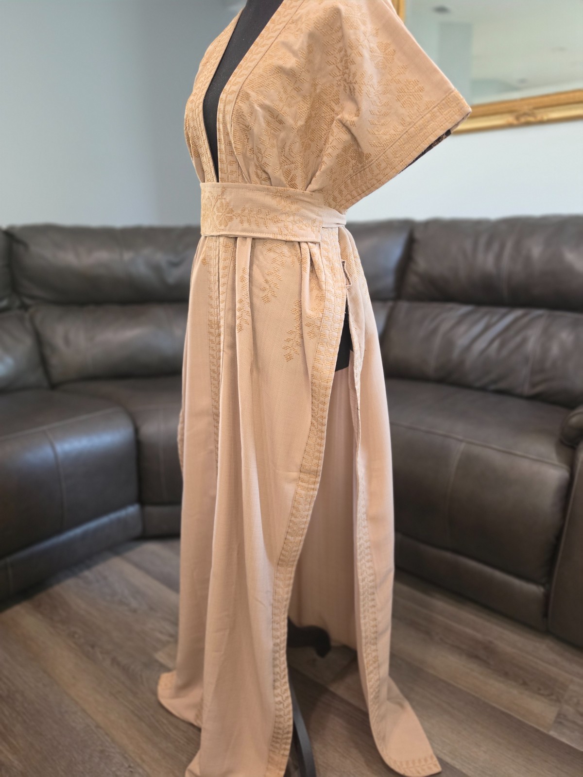 Palestinian Jordanian Beige Tatreez Abaya Thobe with Gold Embroidery & Belt