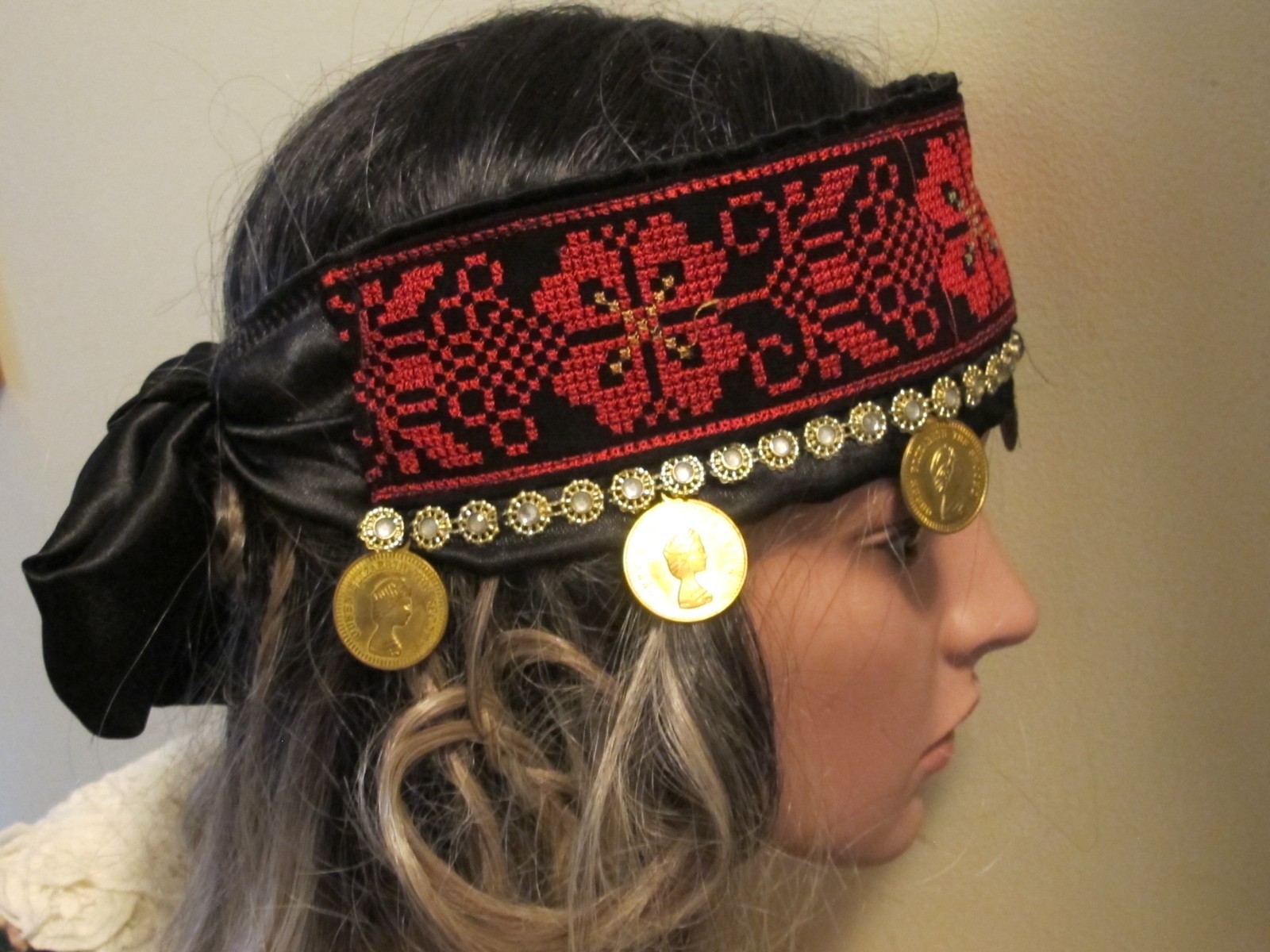 Palestinian Red Black Embroidered Headband on Satin with gold coins