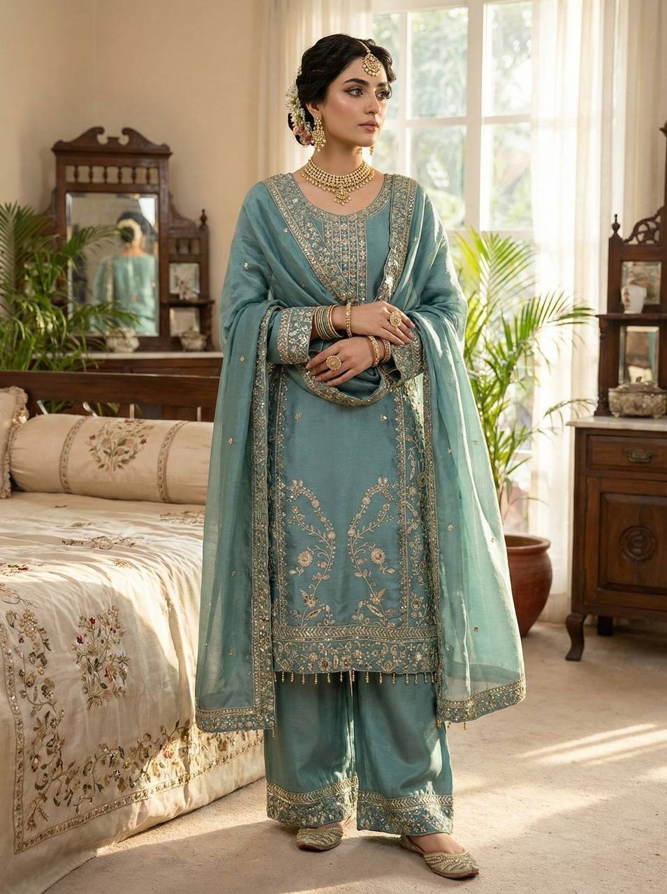 New Launch Silk Powder Blue Palazzo Suit With Dupatta For Traditional Wear