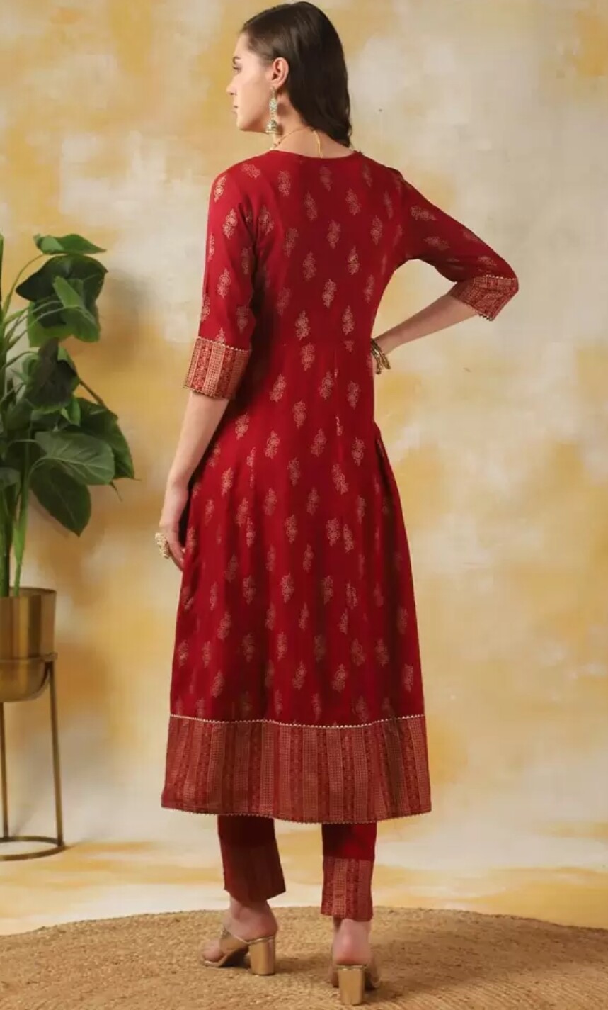 Indian Ethnic Wear;Women Maroon Gotta Patti Viscose Rayon Kurta with Trousers.