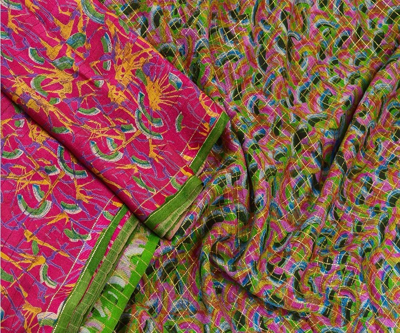 Sanskriti Vintage Sarees Indian Pink Pure Silk Printed Woven Sari Craft Fabric