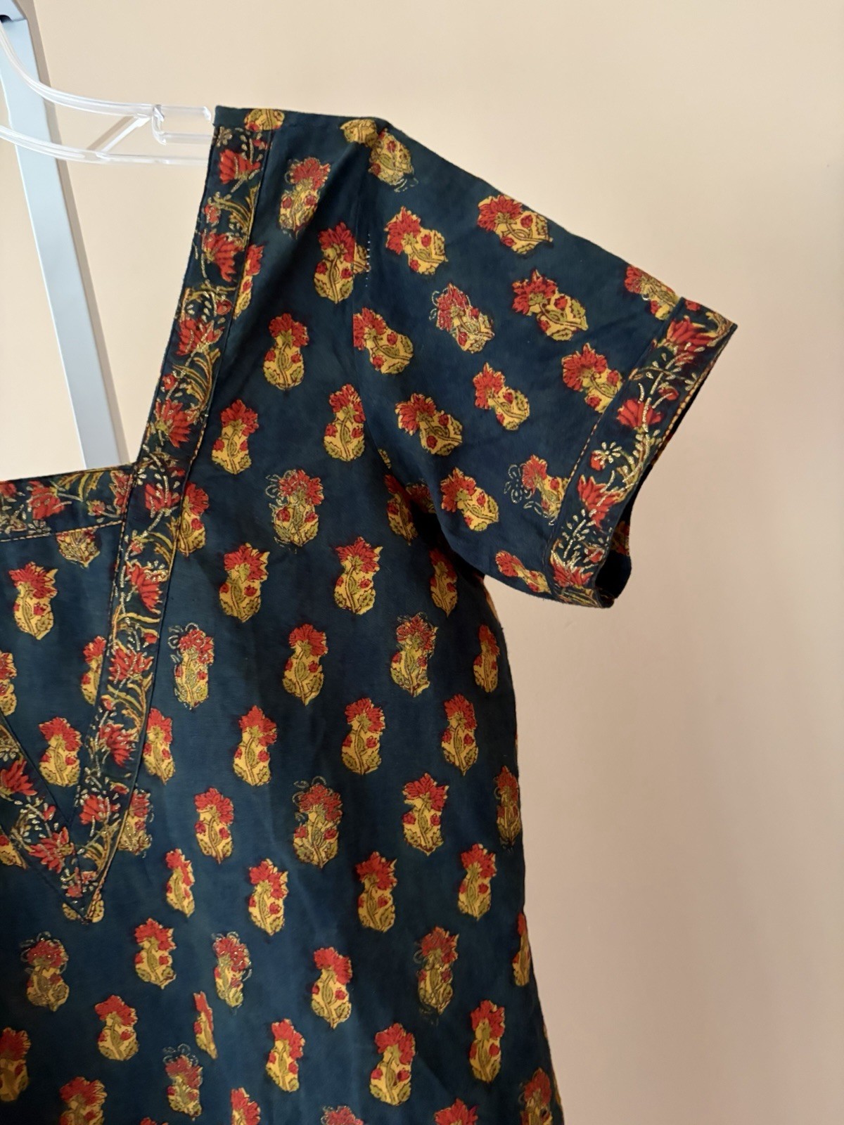 Hand Embroidered Indian Kurti Navy Beaded Tunic Dress Slit Sides Sz M Simple