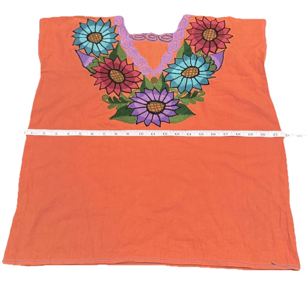 Orange Embroidered Floral Cotton Huipil Mexican shirt Women’s Size S