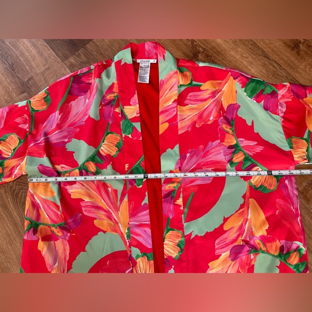 Chicos Womens Kimono Cardigan Floral Japanese Pink Red Size Small/Medium Satin