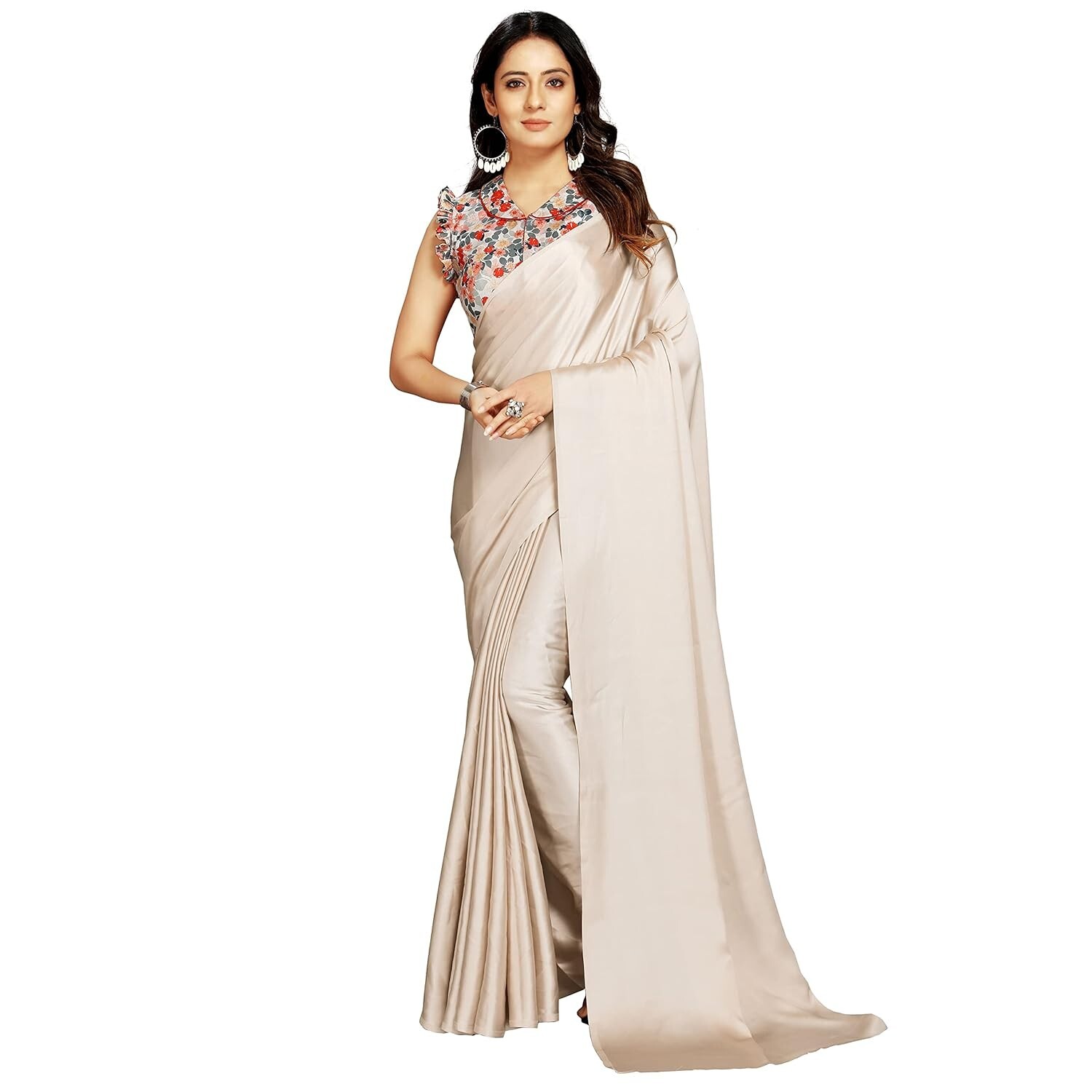 Banarasi Satin Silk Plain Saree with Designer Blouse Piece Digital Printed