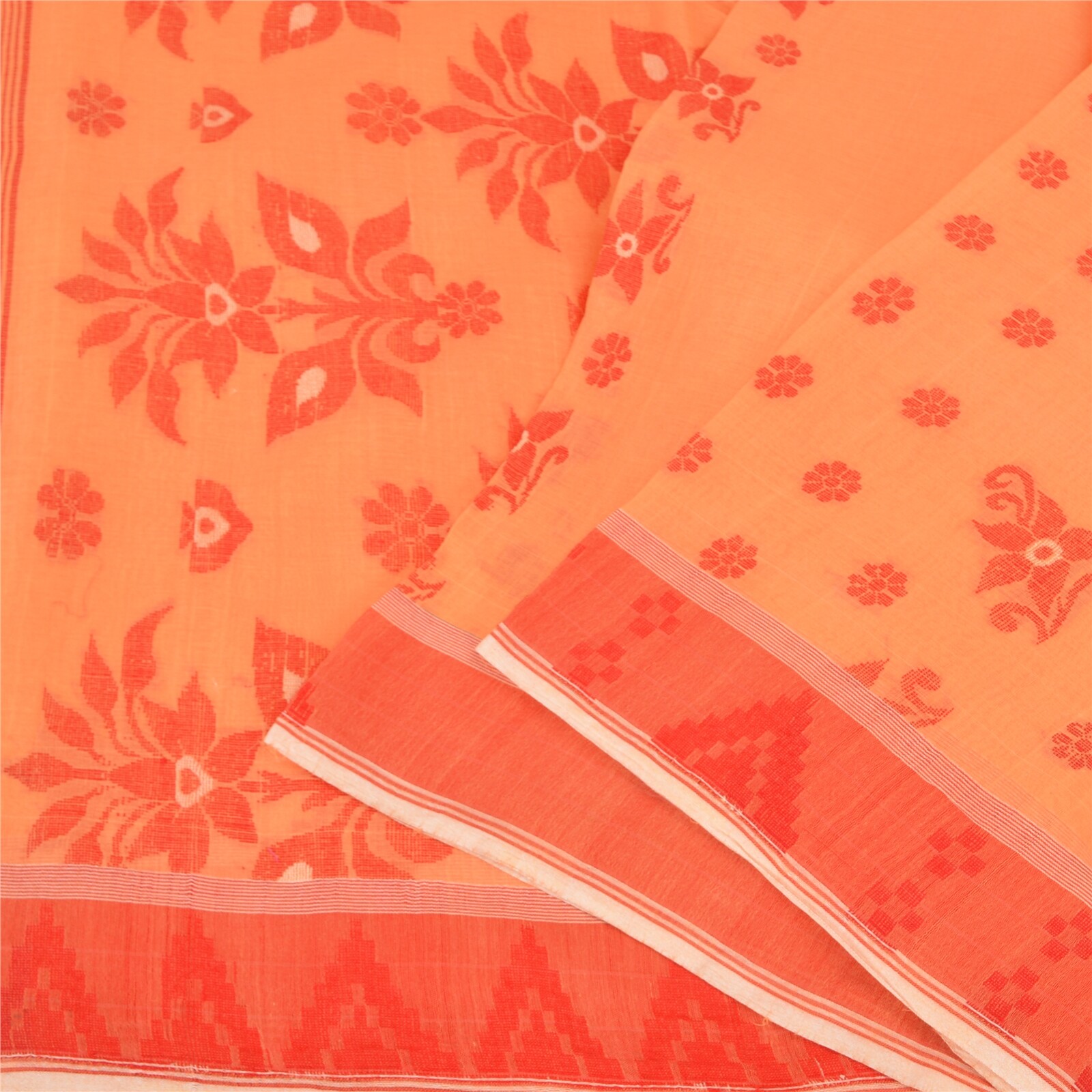 Sanskriti Vintage Peach Indian Sarees Pure Cotton Hand-Woven Sari 5 Yard Fabric