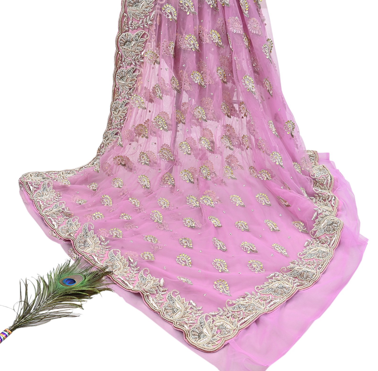 Indian Vintage Sari Pink Net/Mesh Hand Embroidered Anamika Khanna Designer Saree