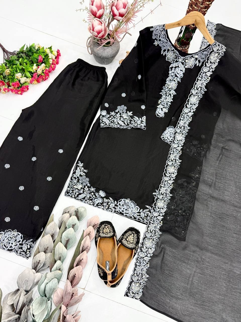 Presenting New Mal Chanderi Black Top Palazzo With Dupatta For Party Wear