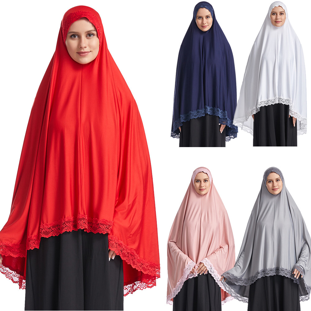 Muslim Women Ramadan Scarf Hijab Islam Prayer Turban Amair Lace Trim Headcover