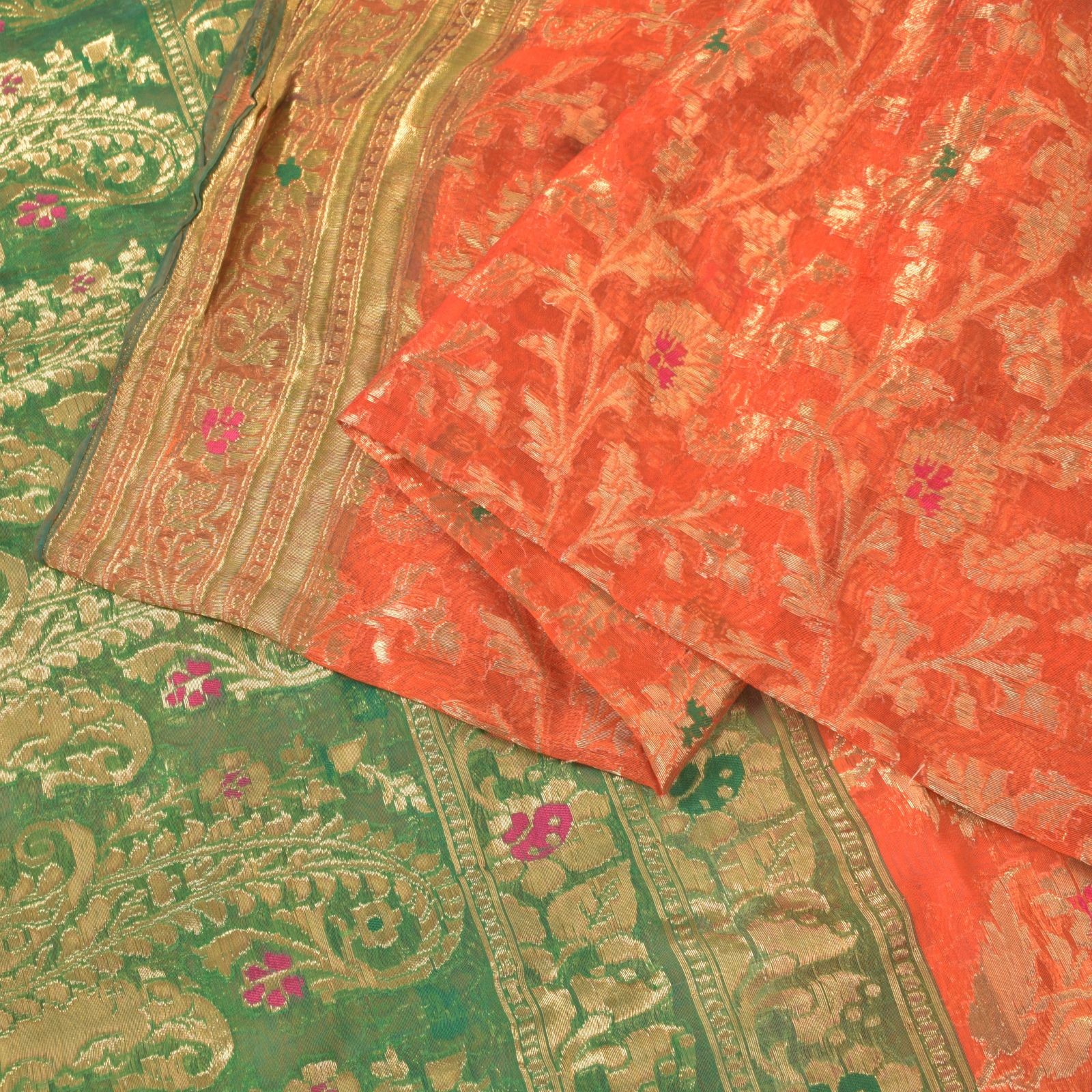 Sanskriti Vintage Orange Pure Silk Saree Banarasi Brocade Zari Hand-Woven 5+Yd