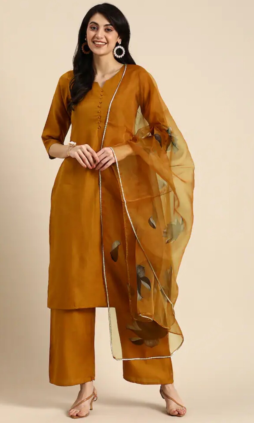 Indian Wear ; Women Brown Ethnic Solid Straight Kurta Palazzo and dupatta
