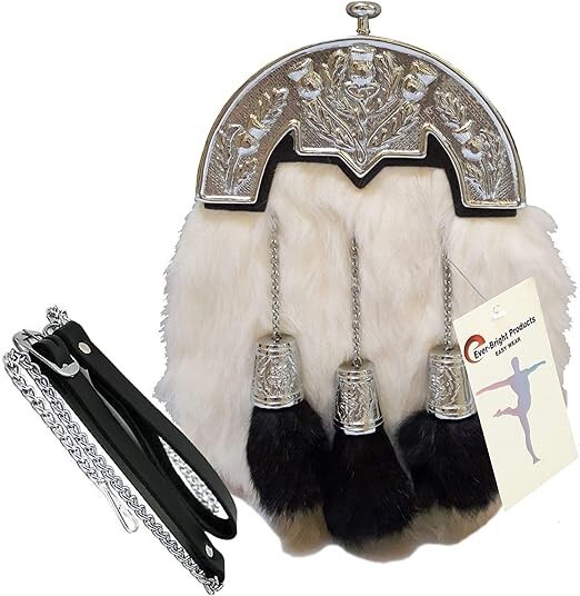Scottish Kilt Original White Rabbit Fur Full Dress Sporran Antique Chrome Cantel