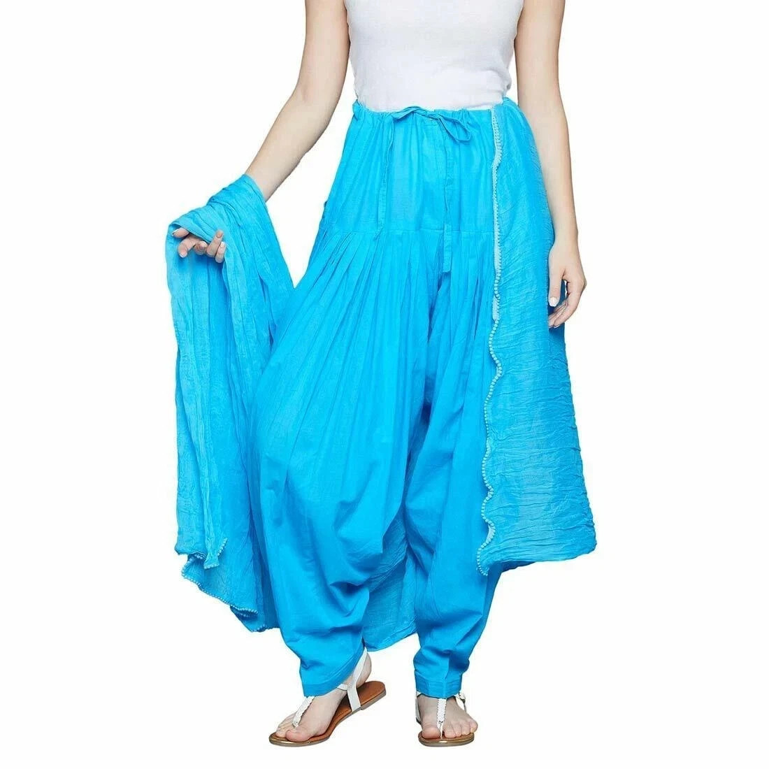 Women 100% Pure Cotton Traditional Patiala Set Salwar Chiffon Dupatta Sky Blue