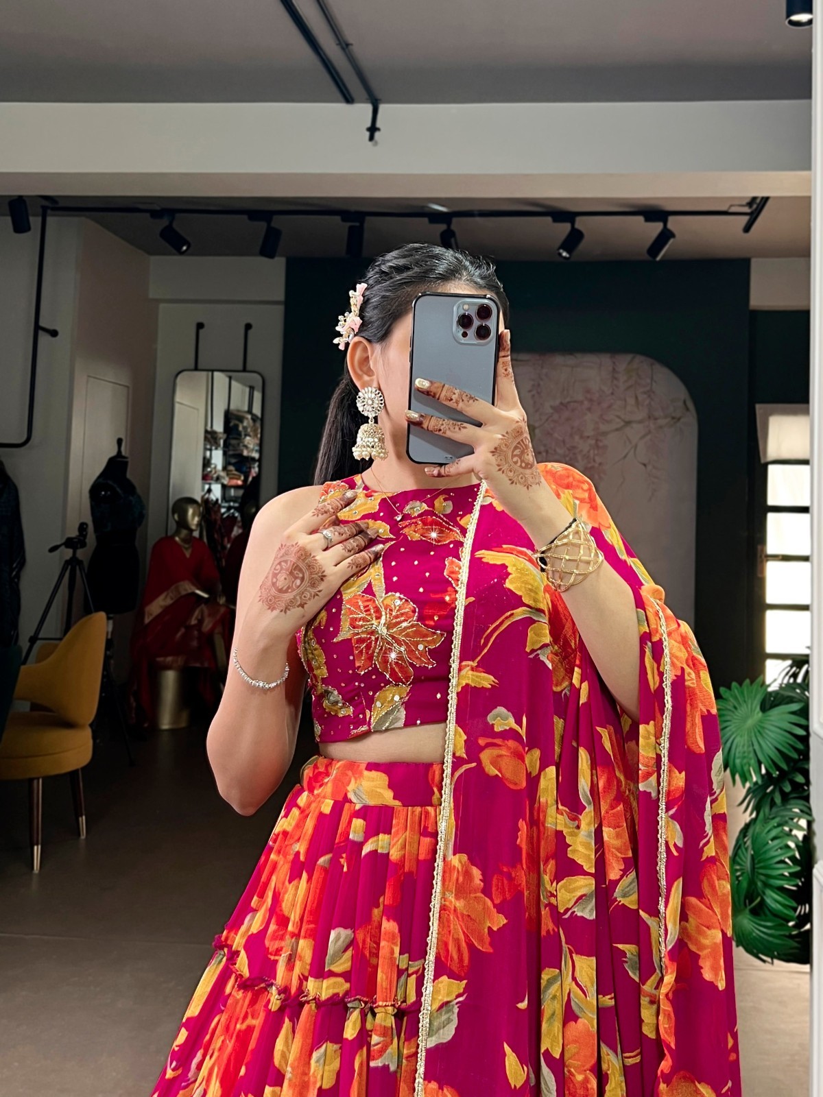 Luxury Marble Lehenga Choli With Floral Dupatta Boutique Party Wear