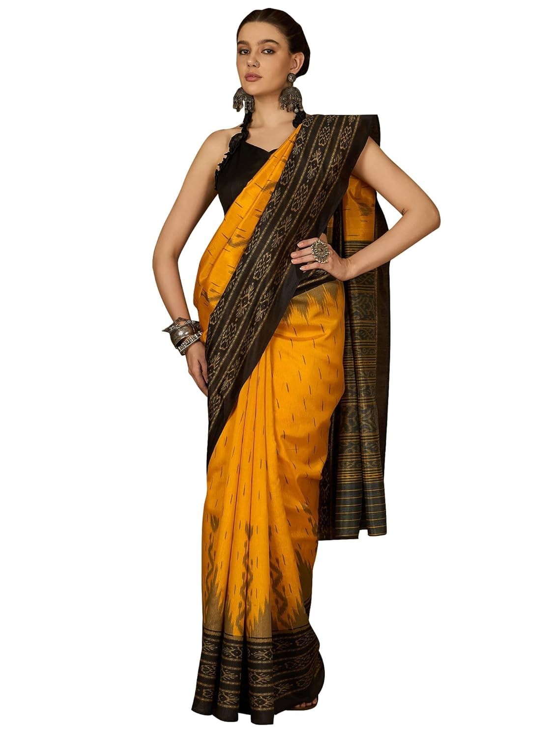 Women’s Bhagalpuri Silk Ikat Printed Saree With Unstitched Blouse