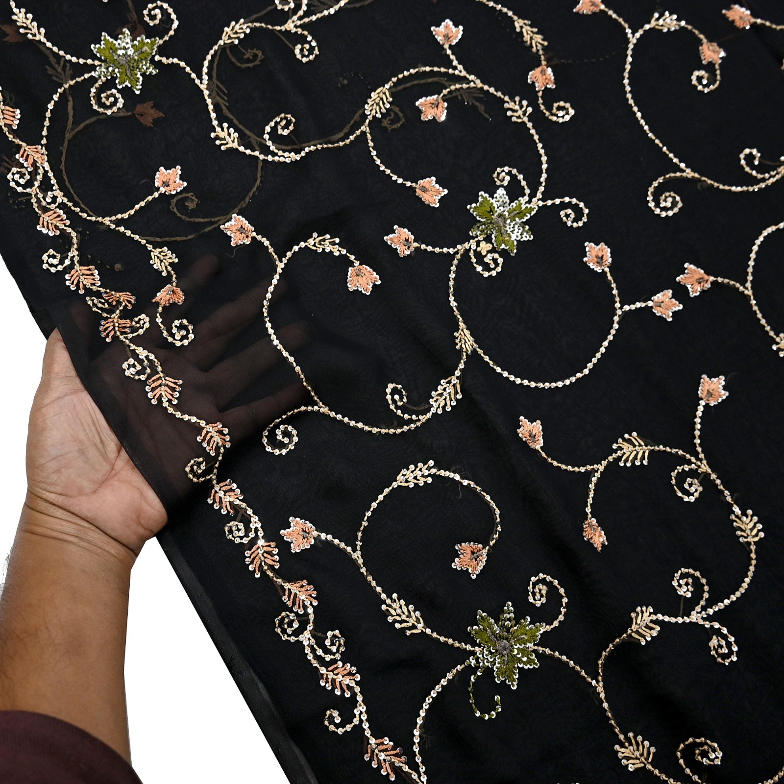Indian Vintage Heavy Sari Black Pure Georgette Silk Hand Beaded Sarees Ethnic