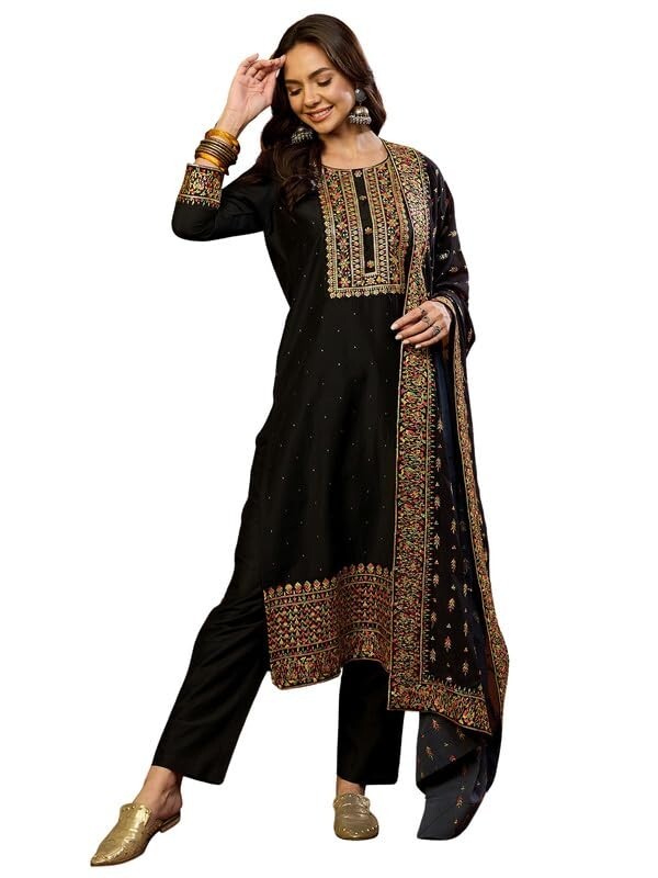 Women’s Silk Blend Yoke Design Solid Straight Kurta Pant With Dupatta