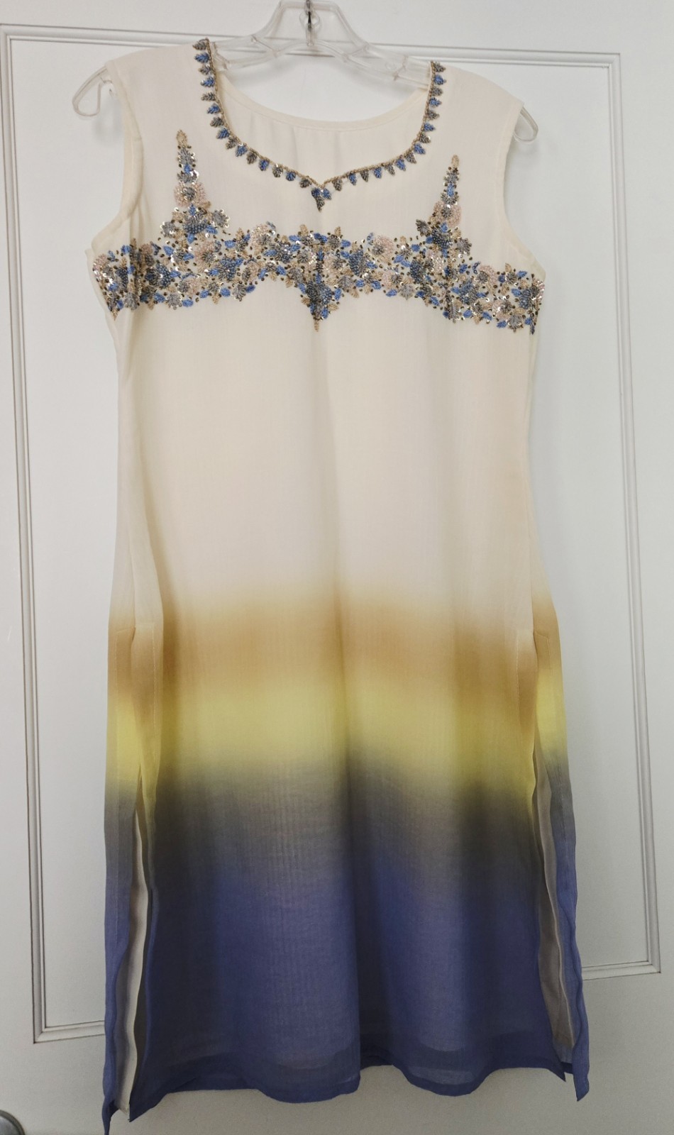 Embellished Indian Tunic Top Kurti Kurta Pakistani Dress Size L Sleeveless Ombre