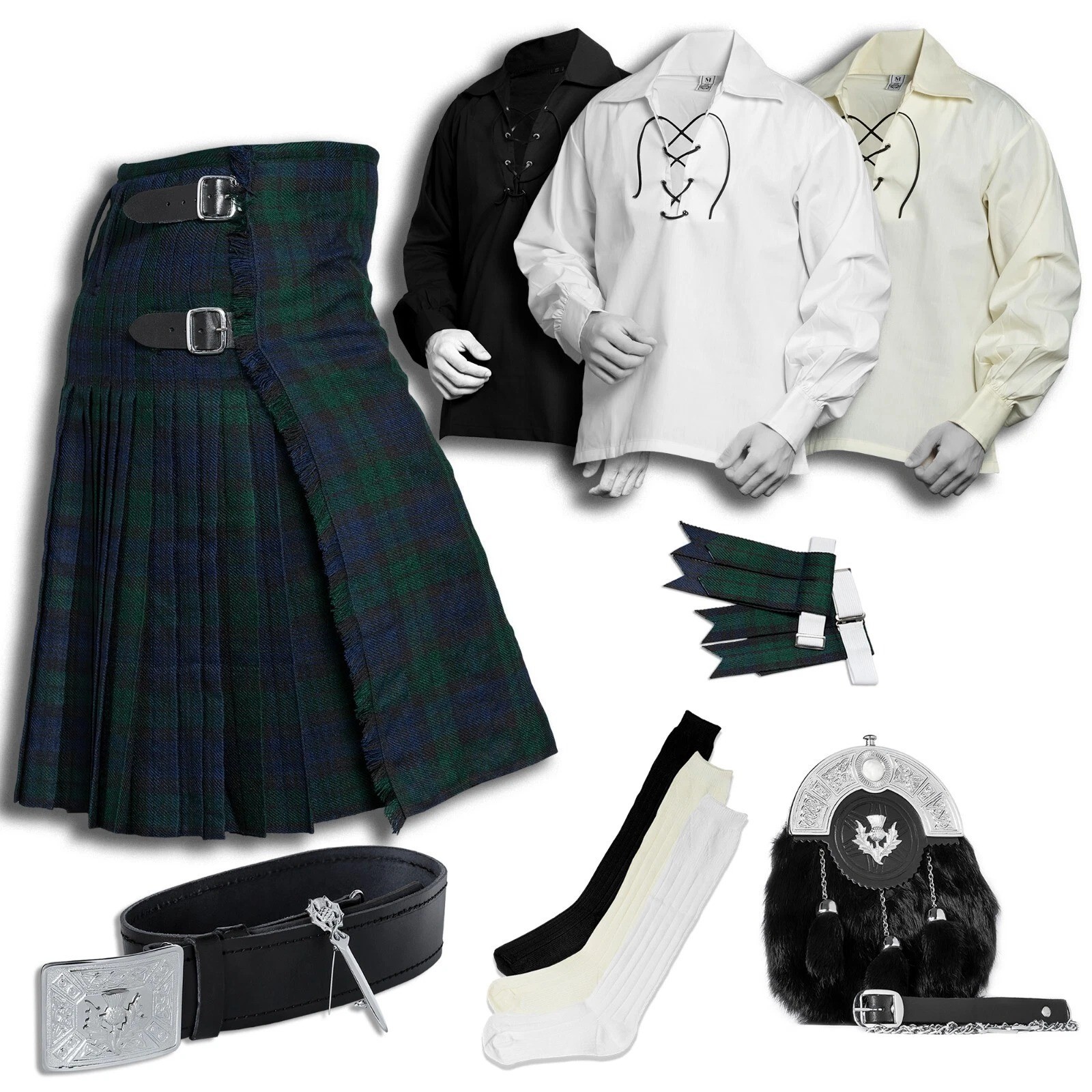 Men’s Scottish Black Watch 8 Pieces Highland Outfit 8 Yard Complete Kilt Set