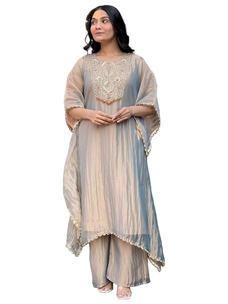 Embroidered A-Line Kurta with Palazzo for Women | Kaftan Sleeve | Round Neck |