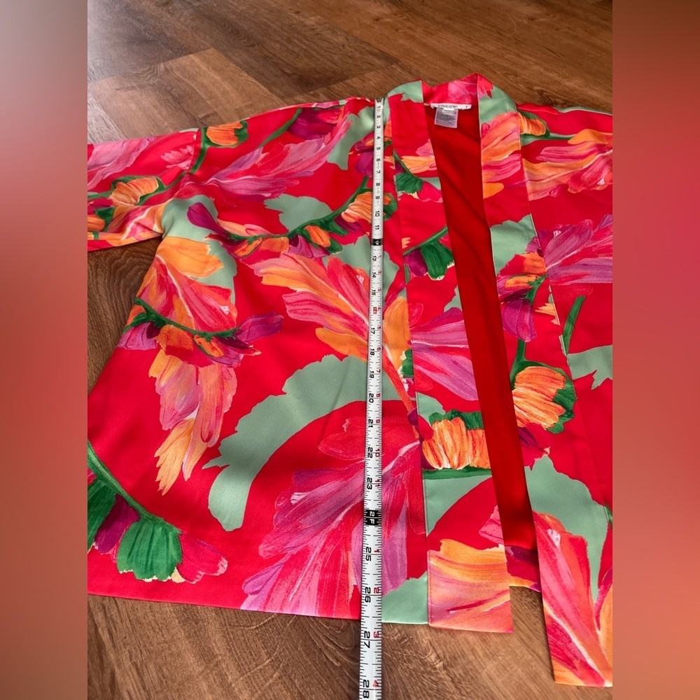 Chicos Womens Kimono Cardigan Floral Japanese Pink Red Size Small/Medium Satin