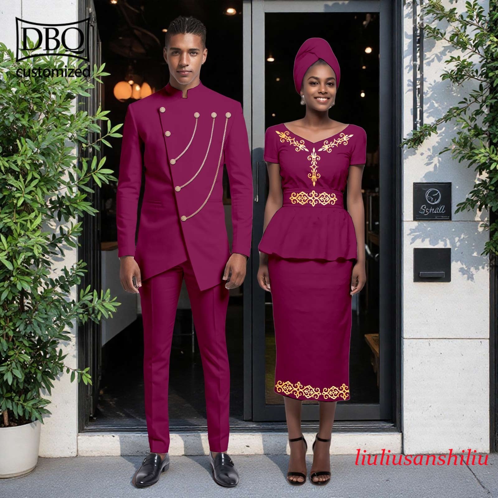 African Couple Matching Clothes Solid Men Jacket Pants Set Women Shirt Skirt Set