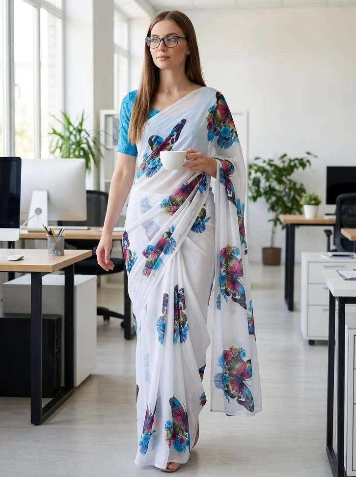 Floral Print Daily Wear Georgette Saree with Unstitched Blouse (White, Blue)