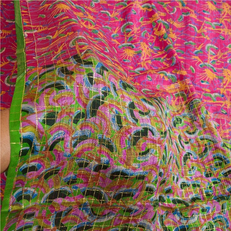 Sanskriti Vintage Sarees Indian Pink Pure Silk Printed Woven Sari Craft Fabric