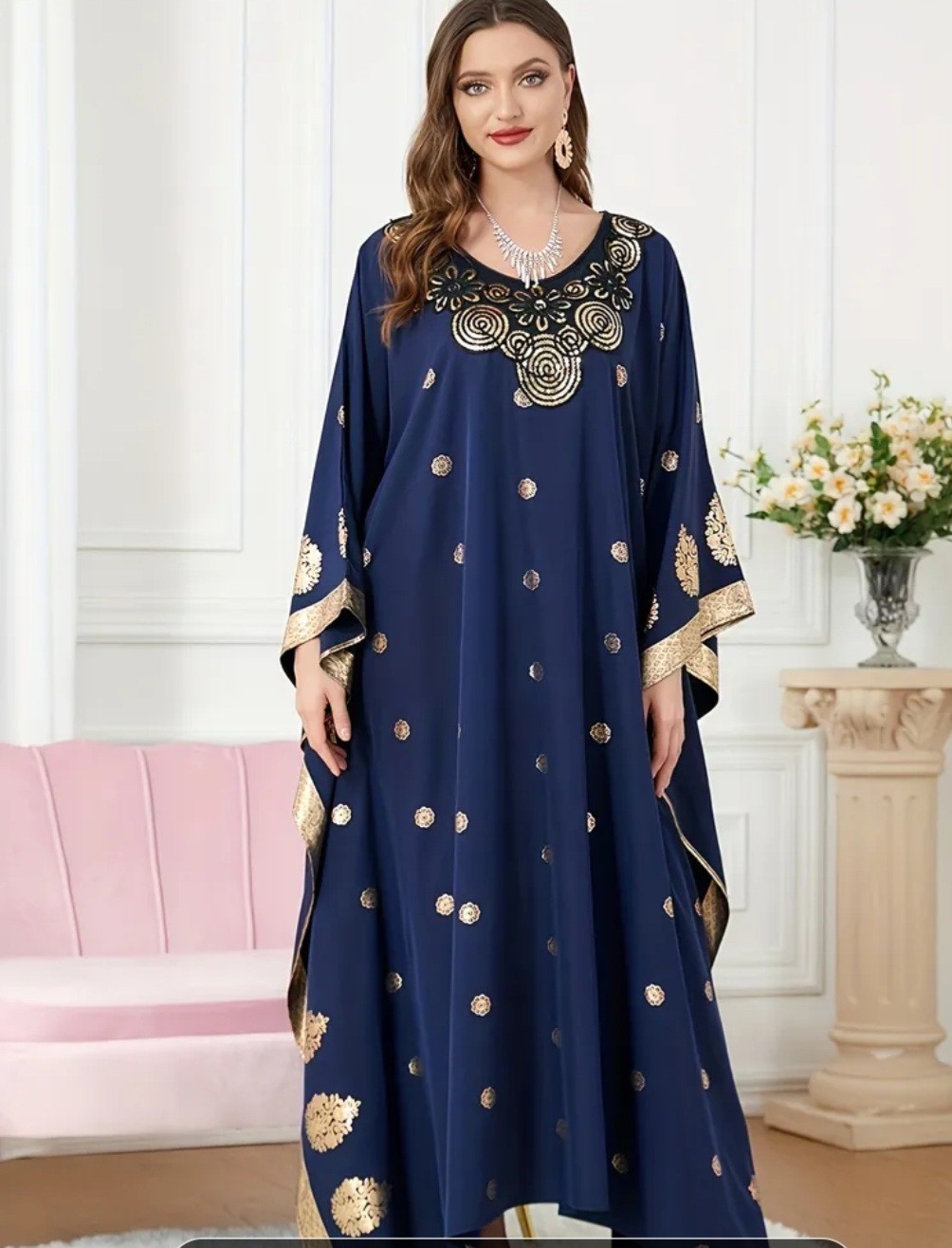 Women’s Navy Blue Gold Kaftan Dress, One Size, Middle Eastern Style