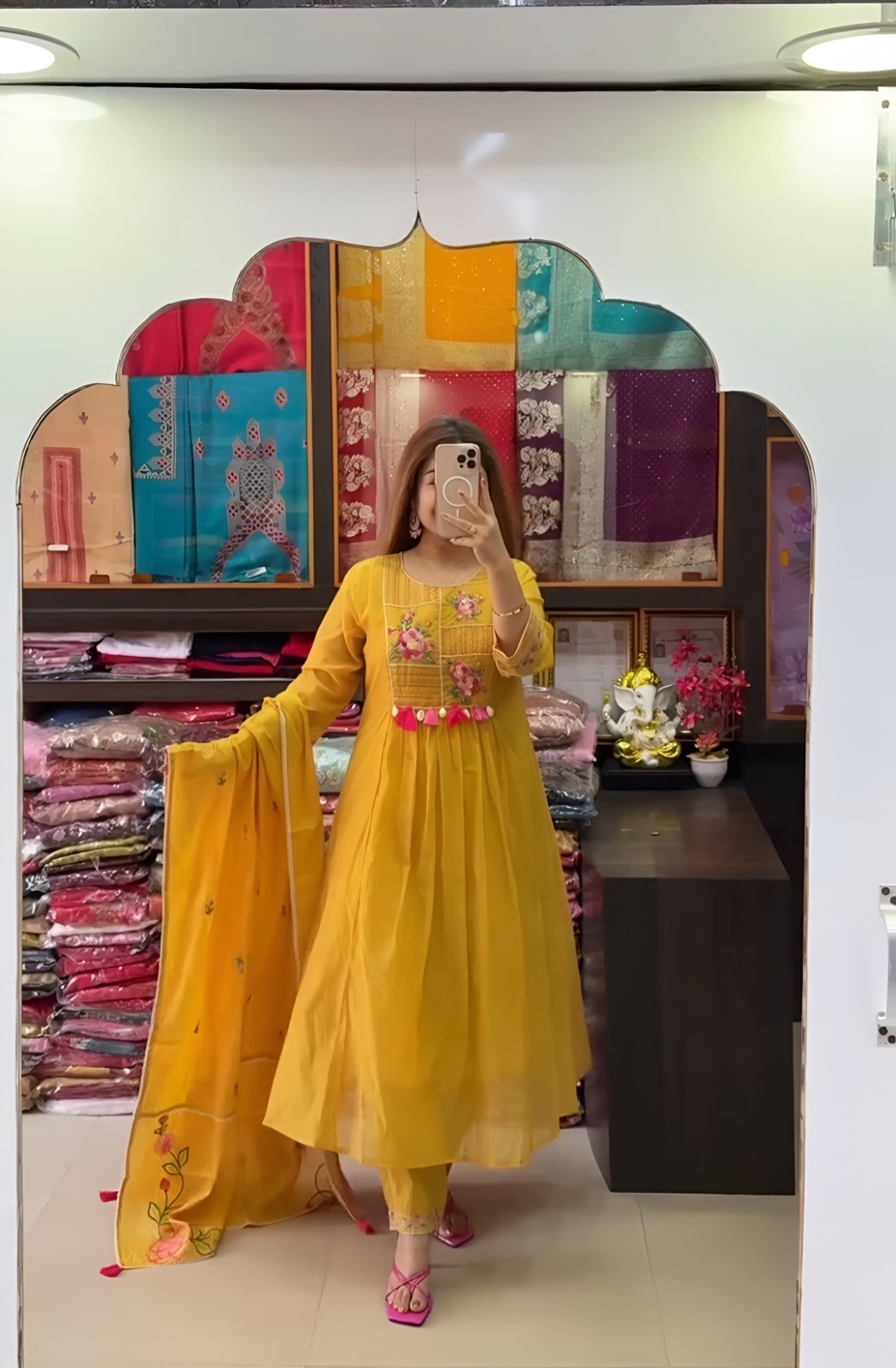 Women’s Pure Cotton Embroidered A-Line Kurta Pant Dupatta Suit Set