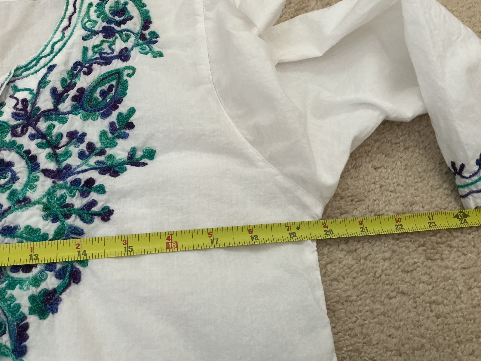 Embroidered Kurti Tunic Blouse Indian Pakistani Ethnic Floral White/Green