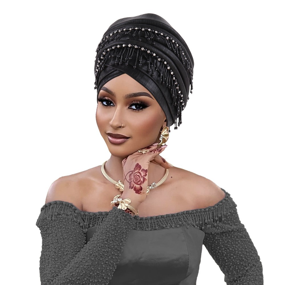 Women Traditional Turban Head Wraps Rhinestone Beaded Tassel Hat Party Headwear