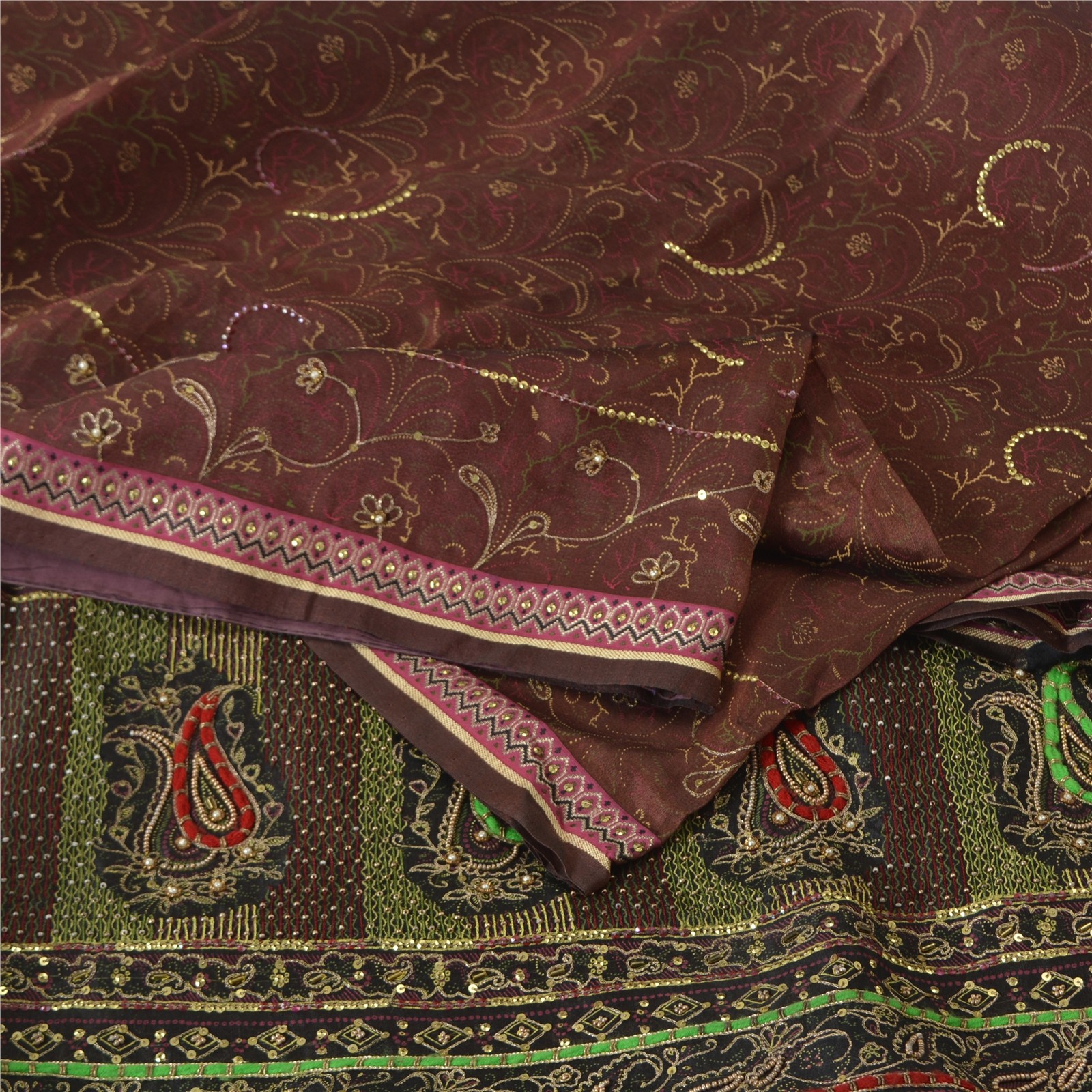 Sanskriti Vintage Sarees Pure Chiffon Silk Hand Beaded Woven Zardozi Sari Fabric