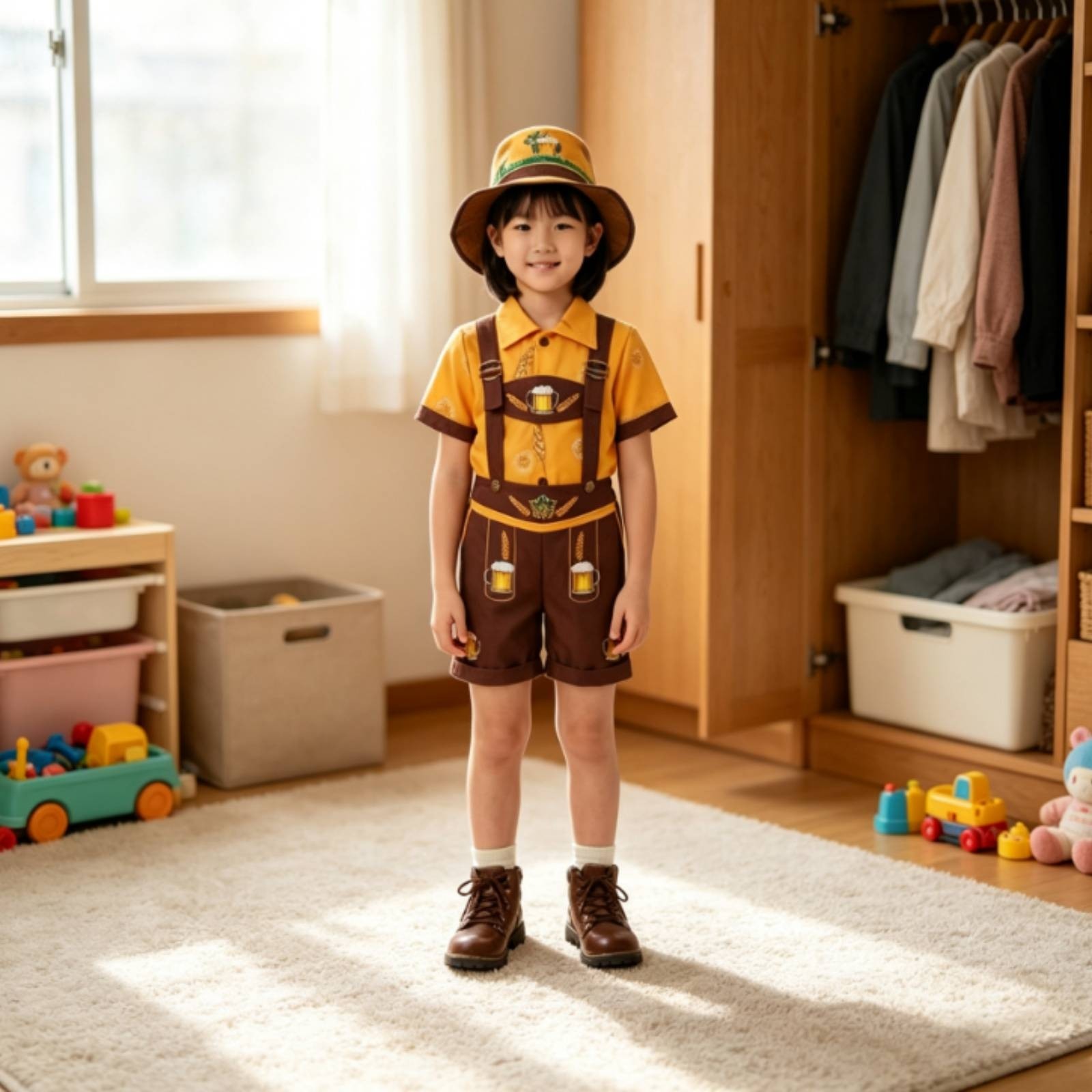 German Costume with Hat Kids Lederhosen Attire Short-Sleeve for Halloween