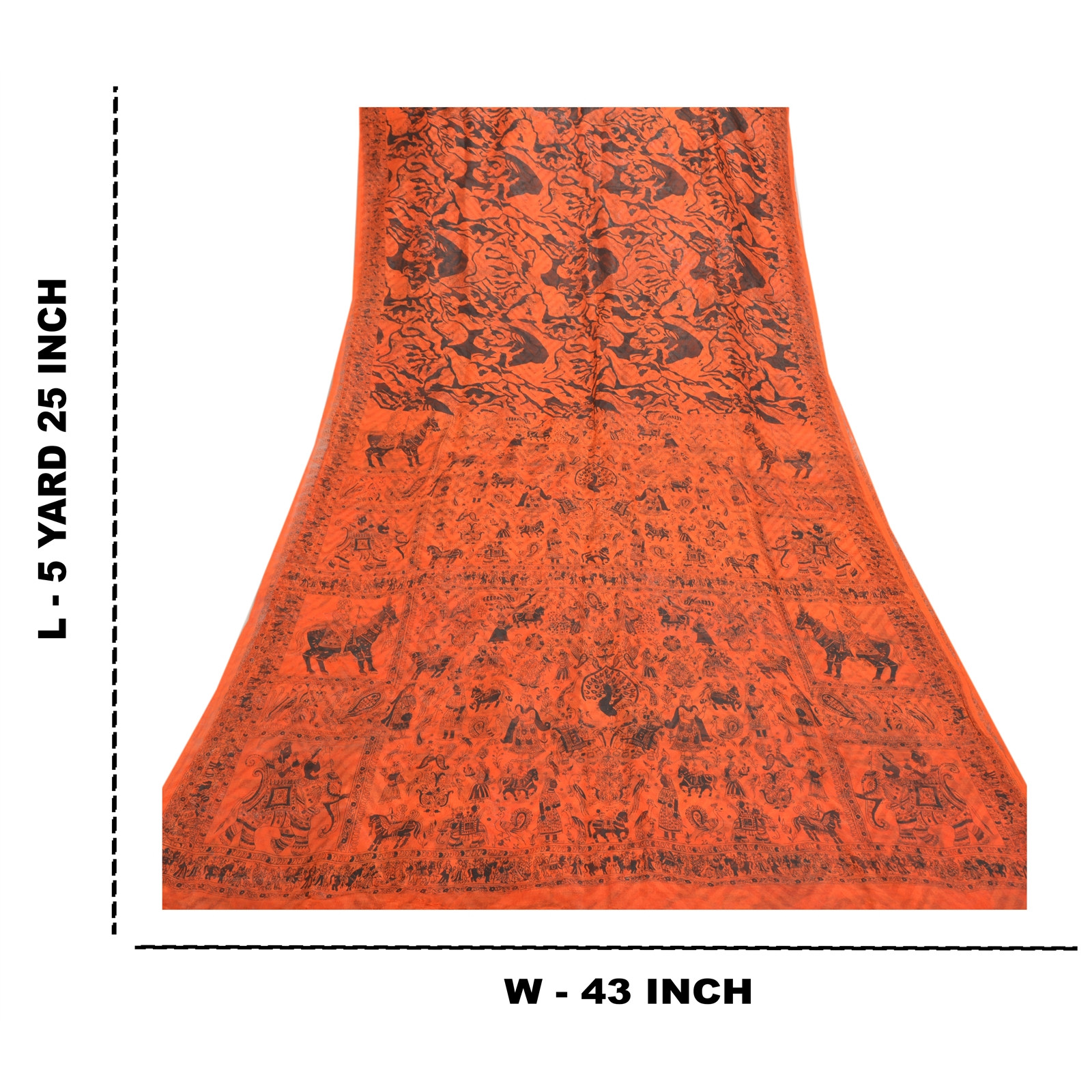 Sanskriti Vintage Orange/Black Sarees Pure Silk Human & Animal Print Sari Fabric