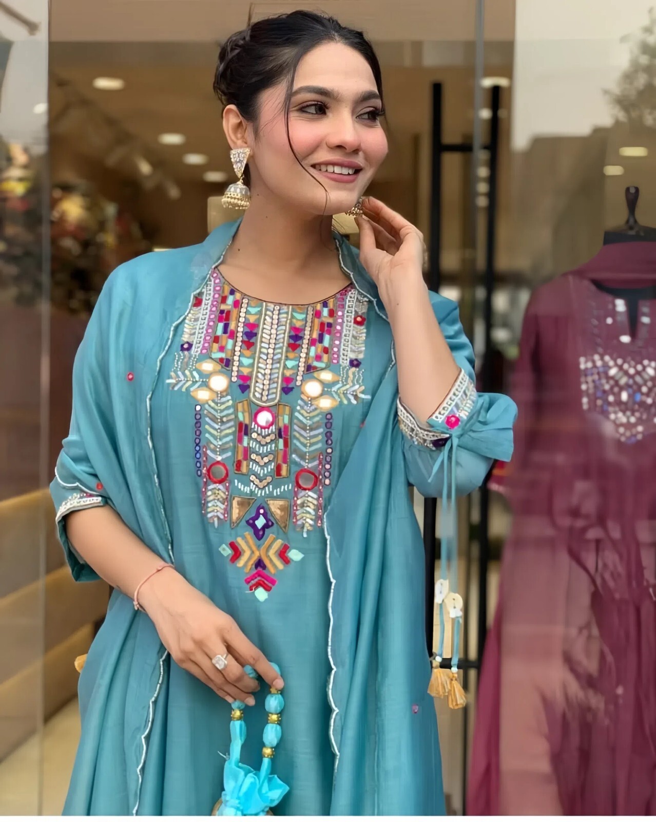 Chanderi Suit Set with Palazzo, Traditional Ethnic Wear With Tassel Details
