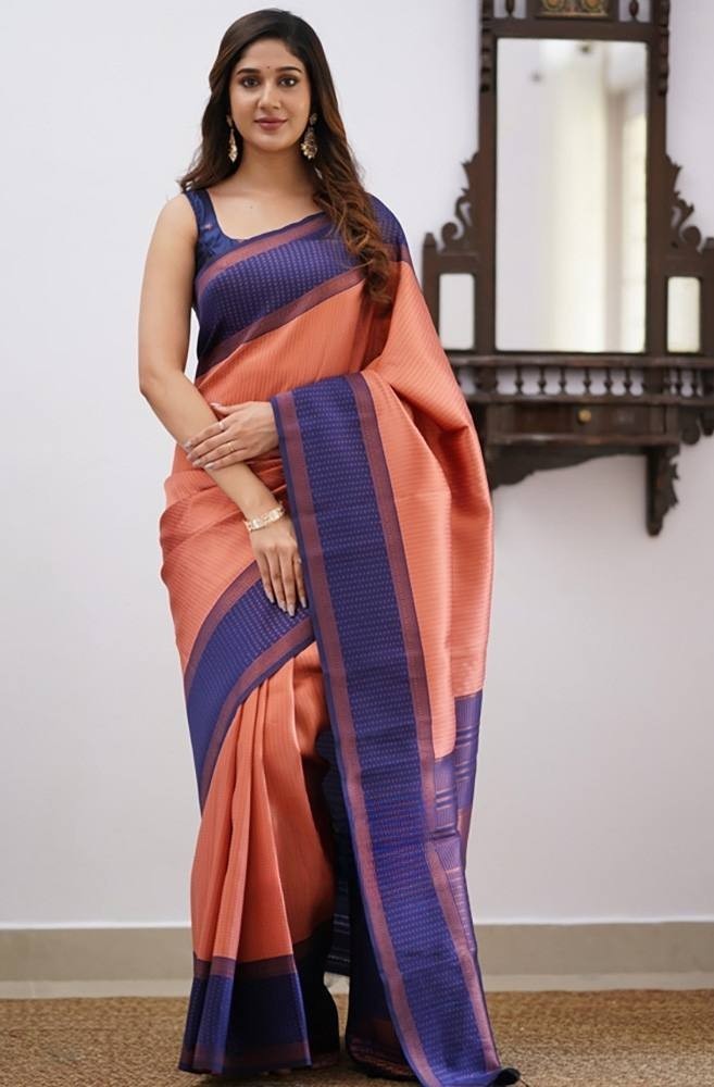 Elegant Peach Orange & Roy Saree with Blouse Jacquard Border Indian Wedding Wear
