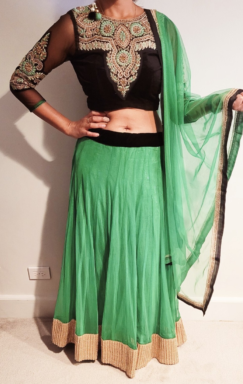 Indian lehenga set, 3 piece set, bright green and black, full sleeve