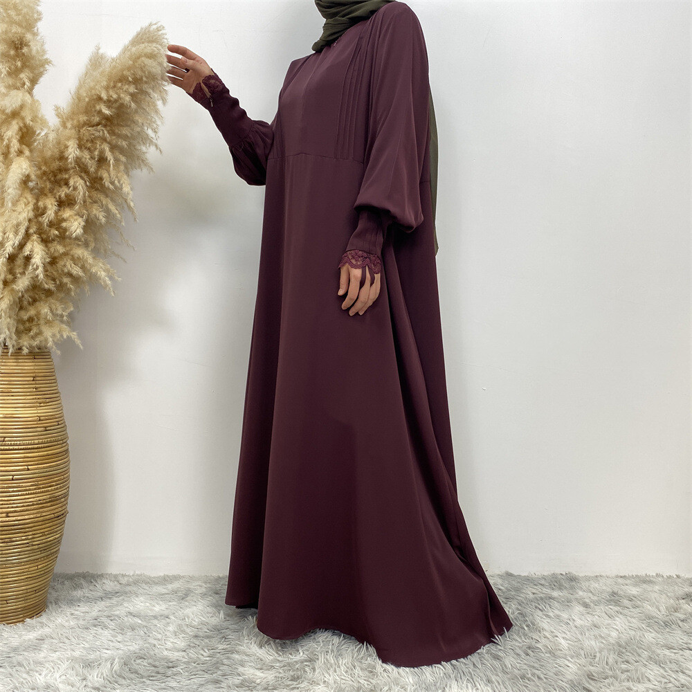 Women Loose Robe Muslim Dress Kaftan Solid Color Lace Sleeve Abaya Simple Burqa