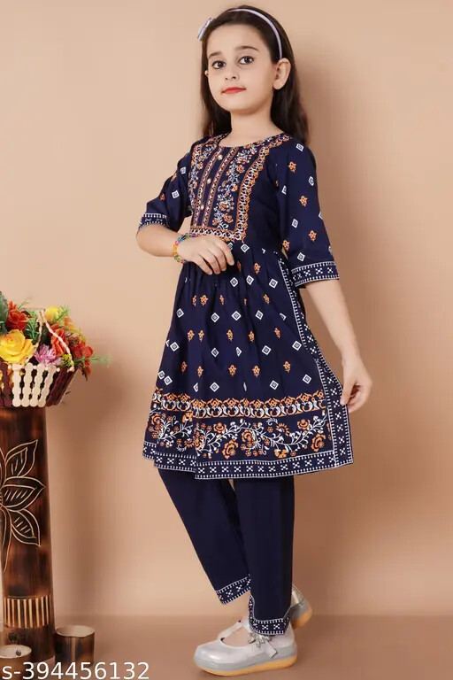 Indian Kids Traditional Girls Printed Kurta Set For Ethnic Wear & Festival