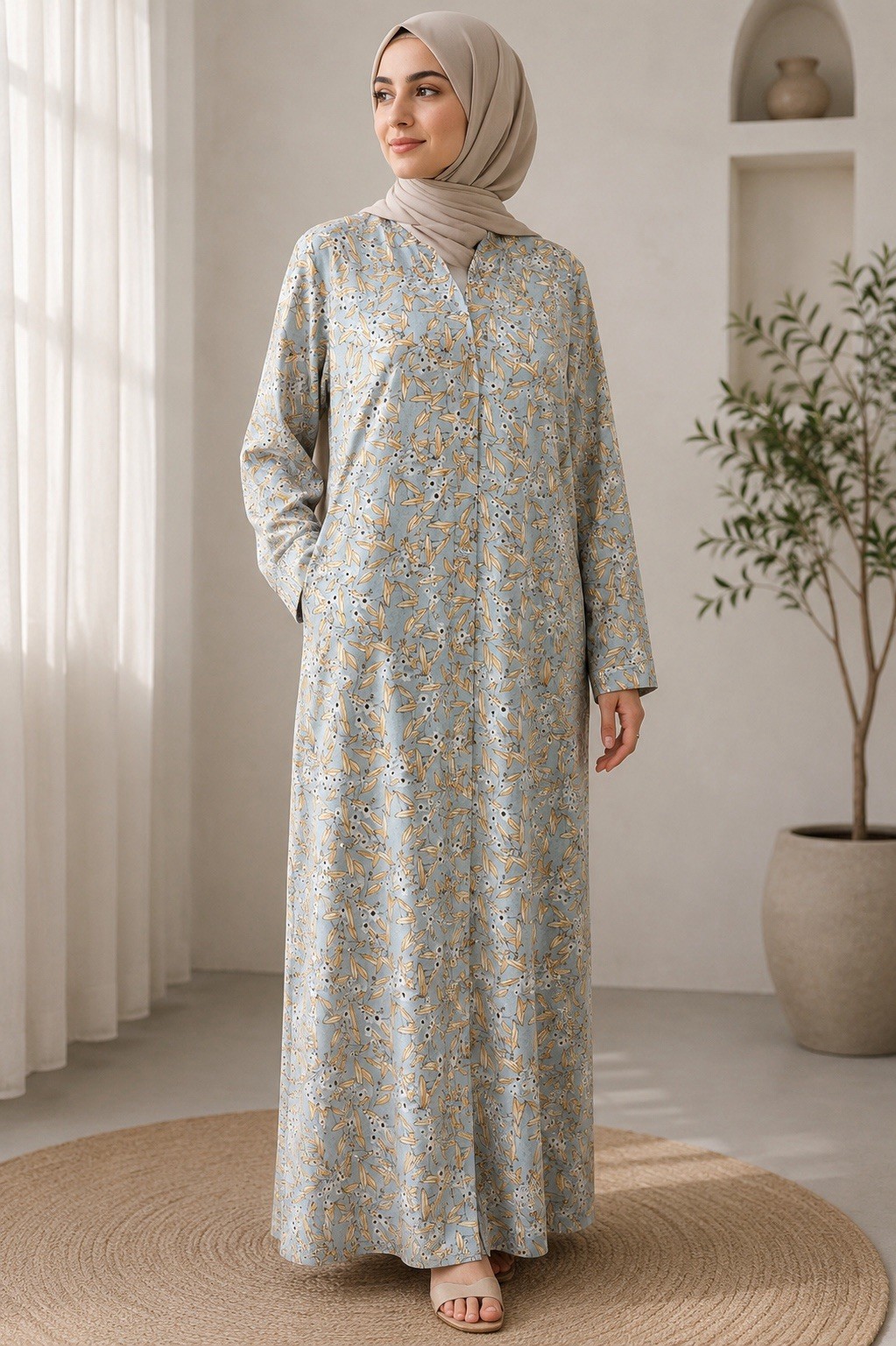 LIBAAYA WEAR Women’s Blue/Beige Floral Kaftan Maxi Dress Chiffon OS