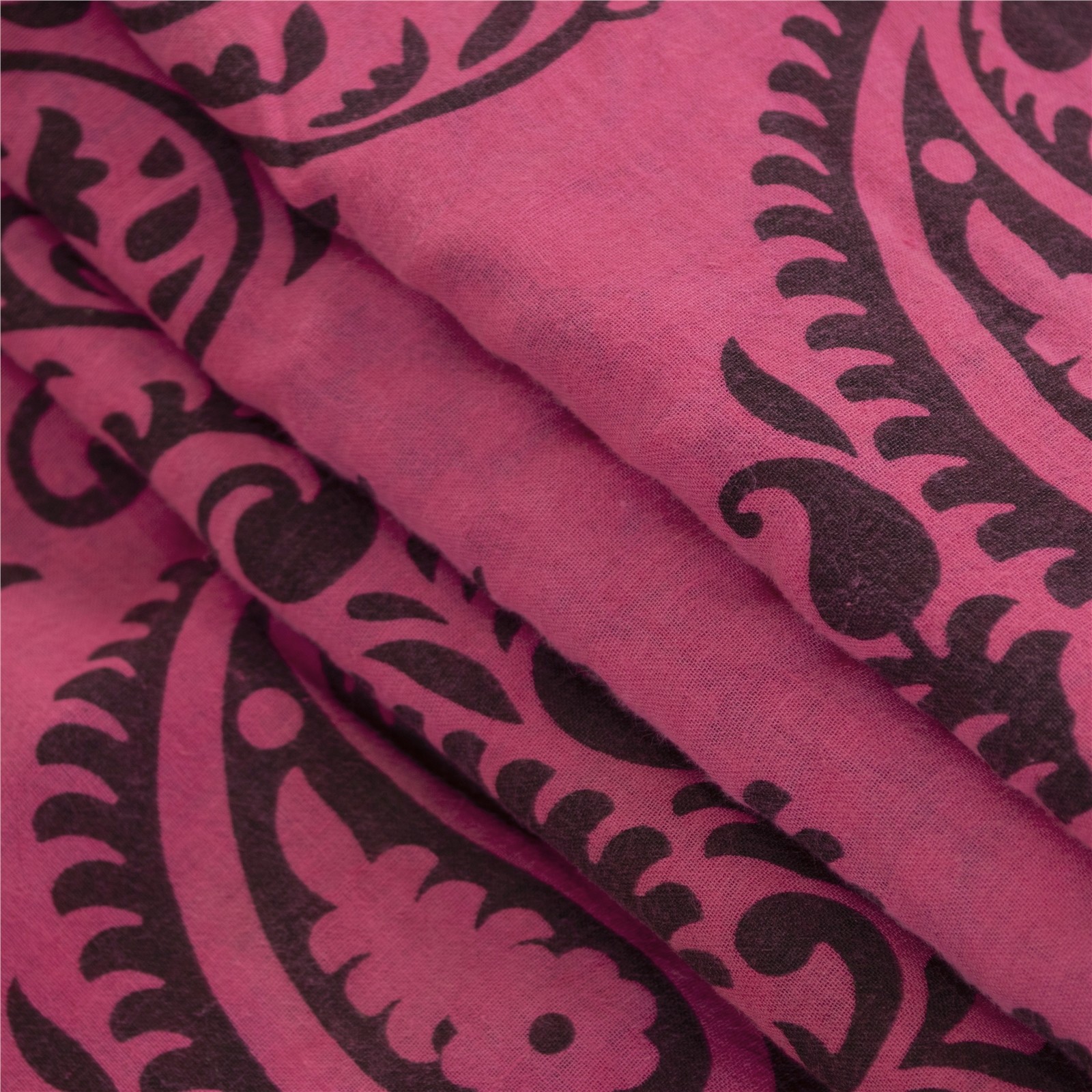Sanskriti Vintage Sarees Pink & Black Block Print Zari Pure Cotton Sari Fabric