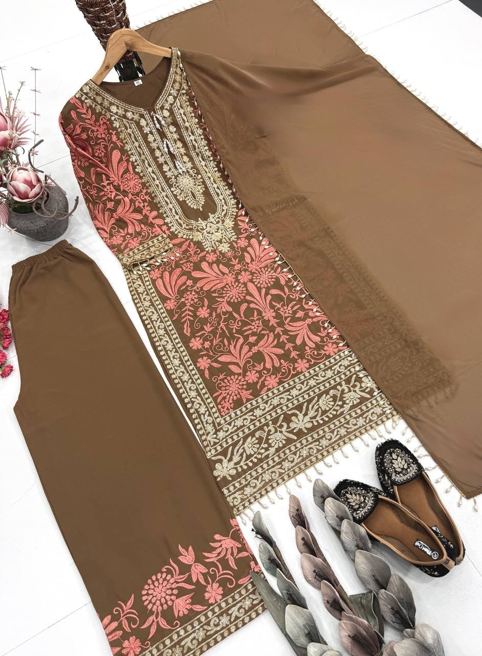 Readymade Brown With Pink Embroidered Kurti Palazzo Pant For Festive Wear