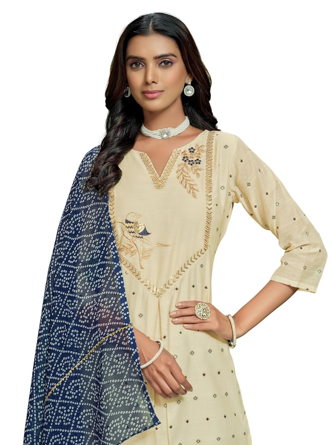 Women’s Chanderi Cotton Embroidered Straight Kurta Palazzo with Bandhani Dupatta