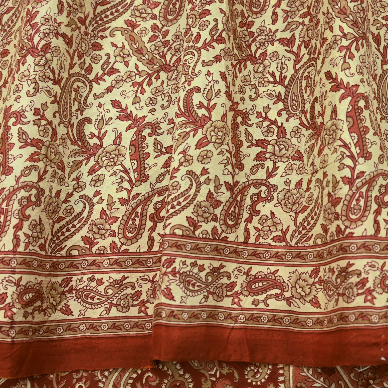 Indian Vintage Sari Brown & Ivory Pure Silk Printed Sarees Craft Fabric 6yd