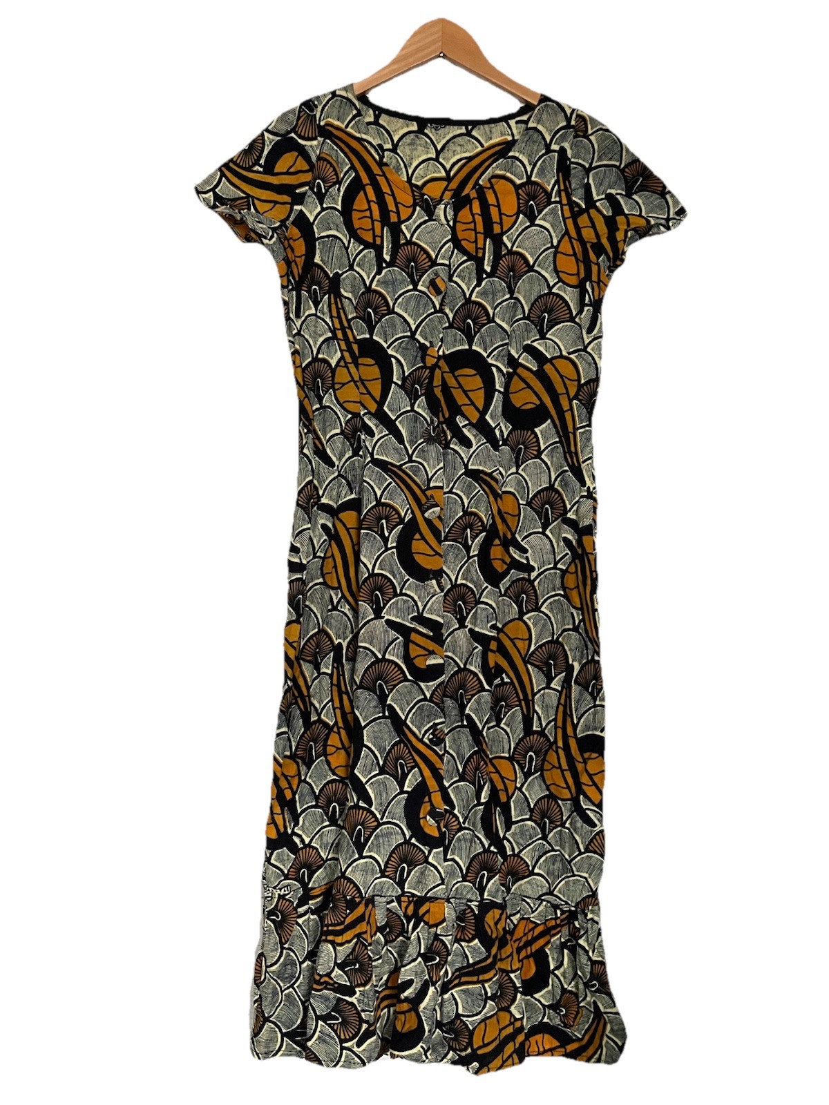 Vtg African Ankara Wax Fabric Dress Ruffle Midi Button Front 100% Cotton Medium